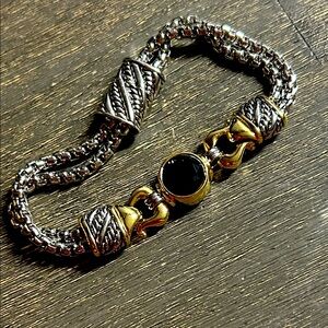 Silver and Gold Women’s Bracelet Two Toned Black Center Stone - Magnetic Clasp